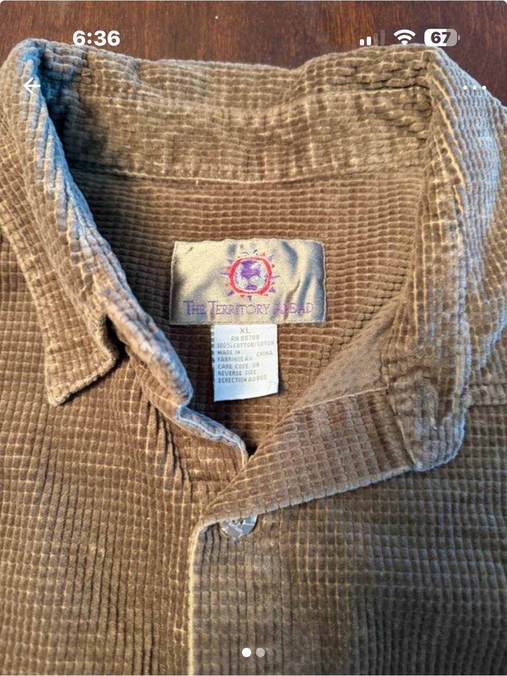 The Territory Ahead Men's Olive Brown Corduroy Button-Down Shirt - Picture 2 of 2